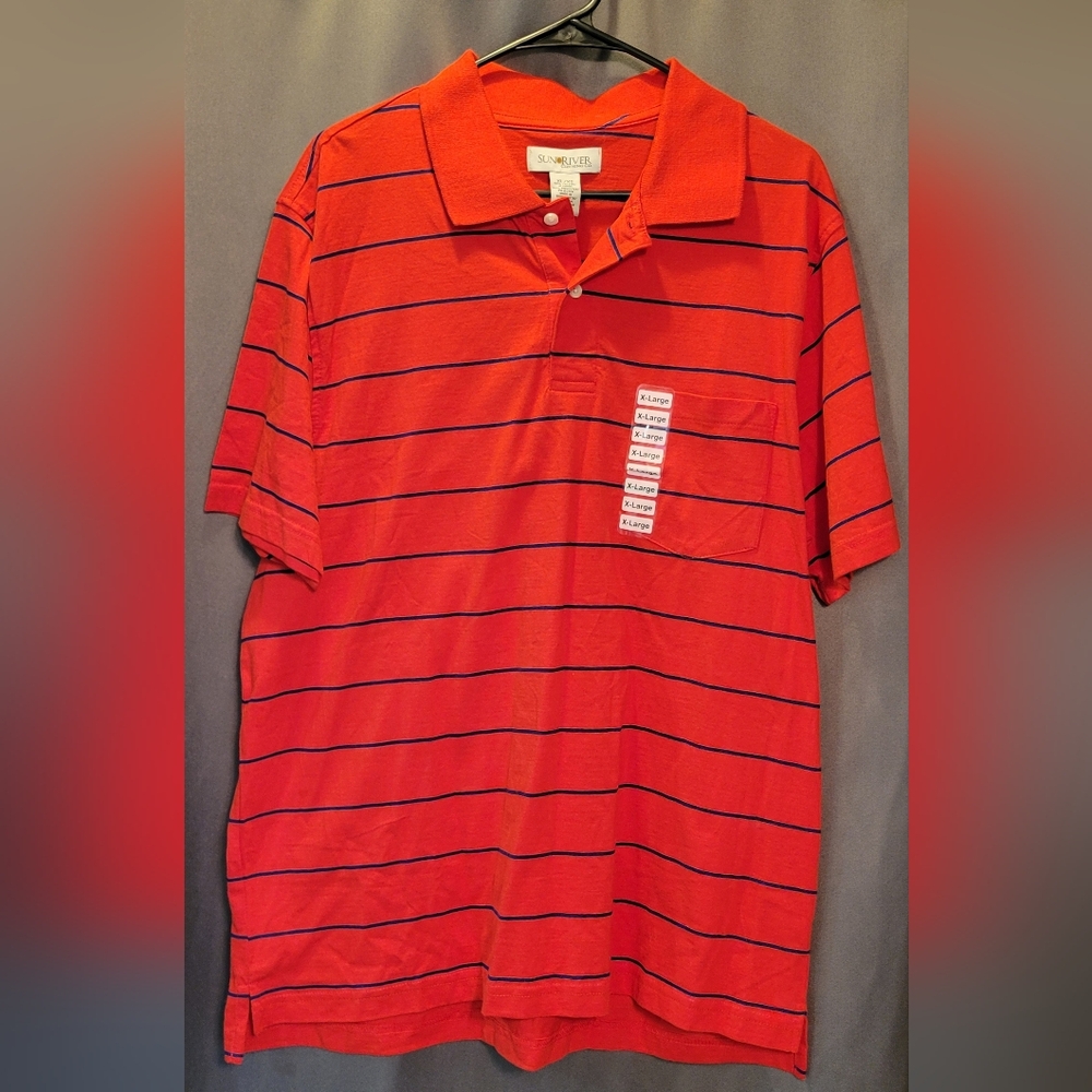 NWT - Sun River red with navy blue stripes, polo shirt. Men's size XL.